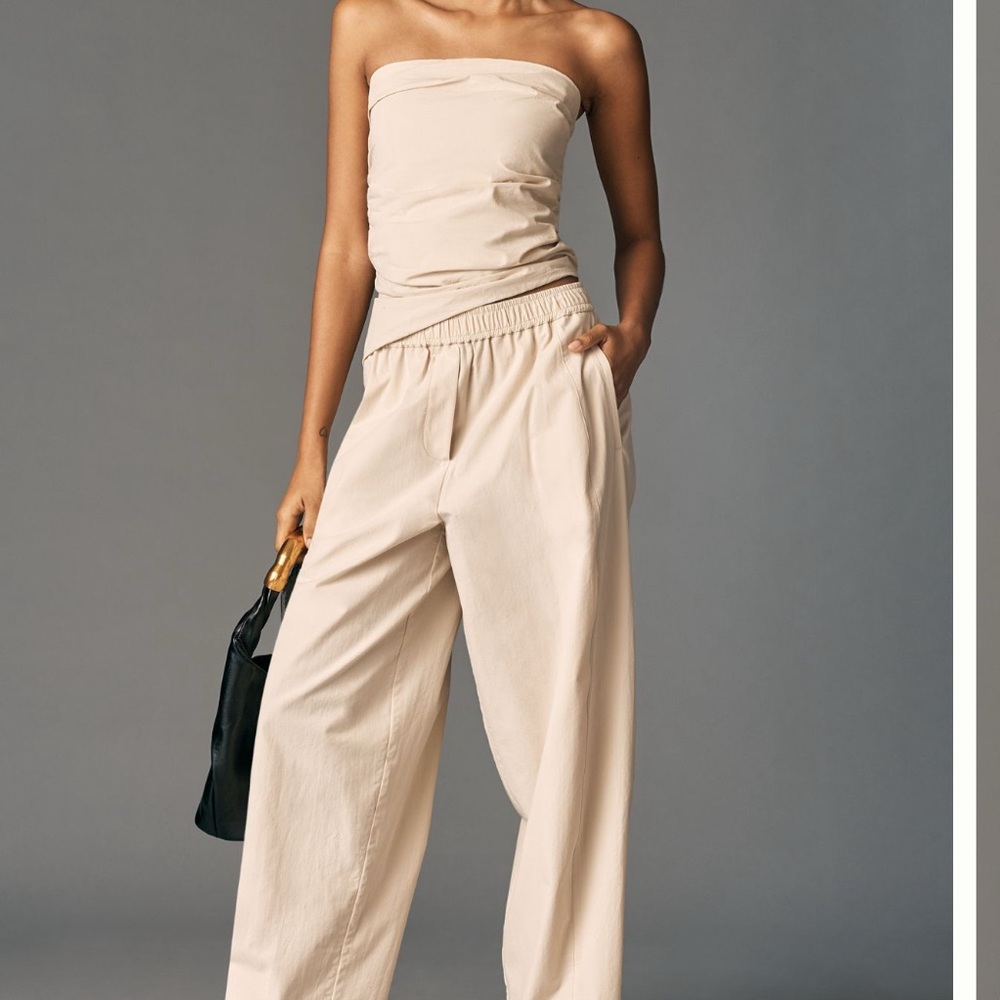 Anthropologie Maeve Strapless Ruched Top & Maeve Sporty pull on Trousers set